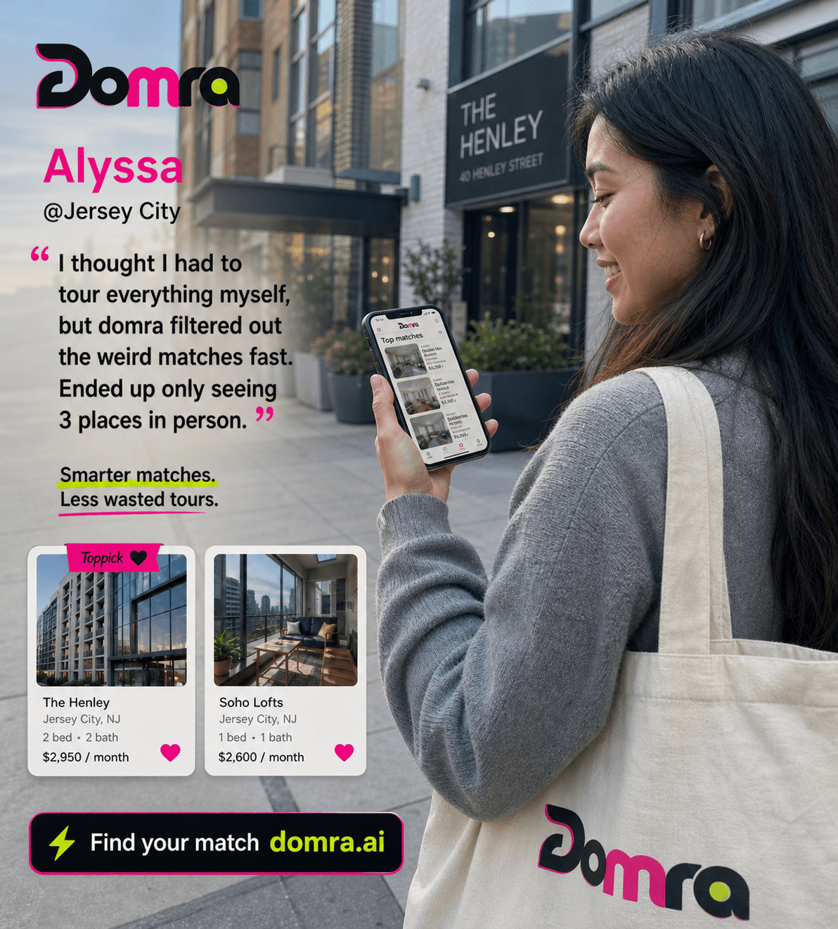 Alyssa reviewing Domra apartment matches
