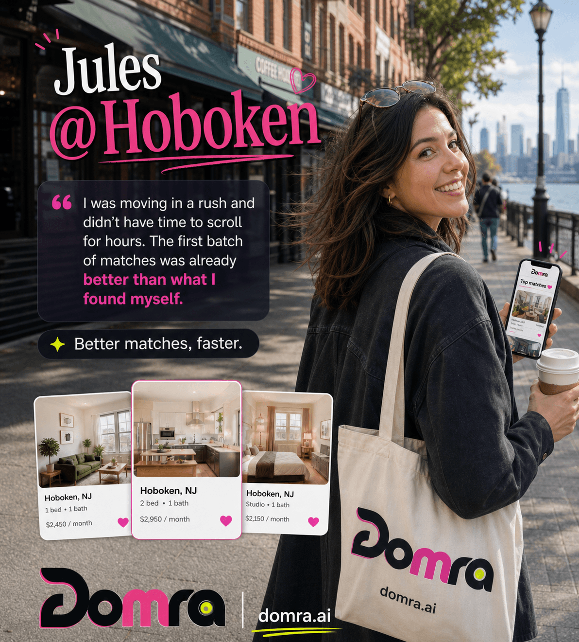 Jules searching for apartments while moving quickly