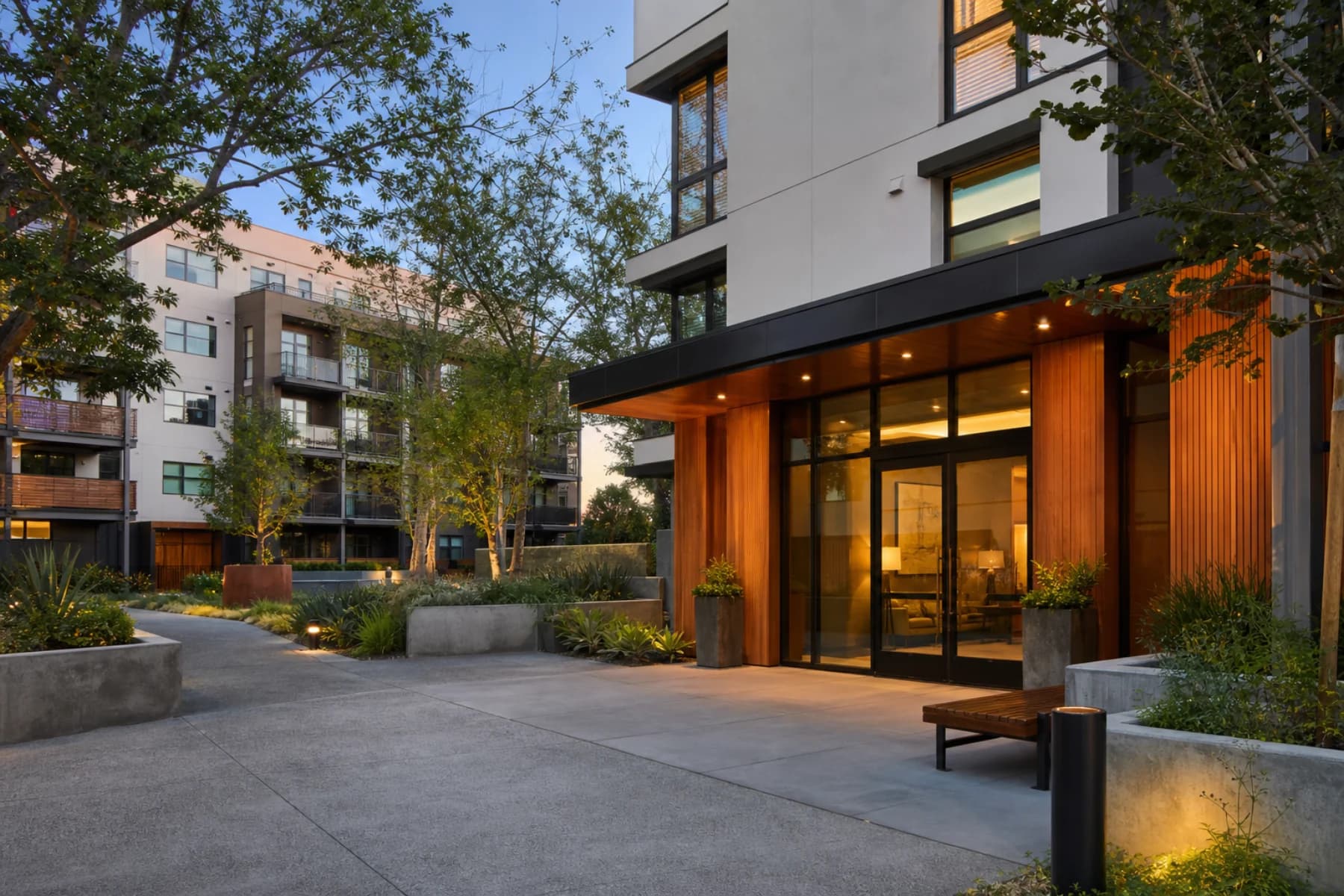 Modern California apartment building entrance